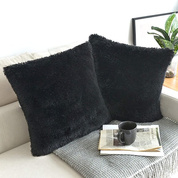 Black Luxury Furry Farmhouse Adorable Trendy Bed Throw Pillow Decor Cover Set - Picture 3 of 6